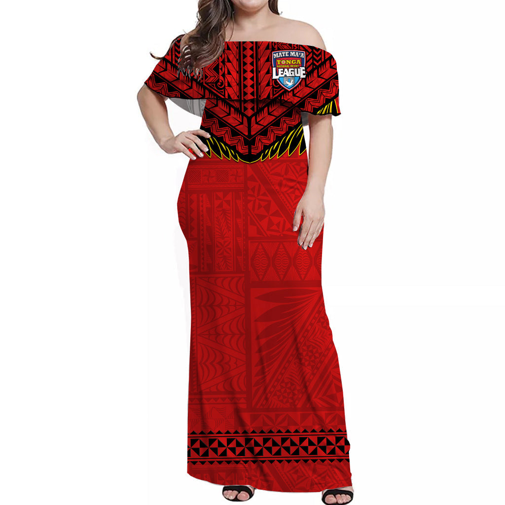 Tonga Rugby Off Shoulder Long Dress Mate Maa Tonga Pacific Ngatu Black LT14 Women Red - Polynesian Pride