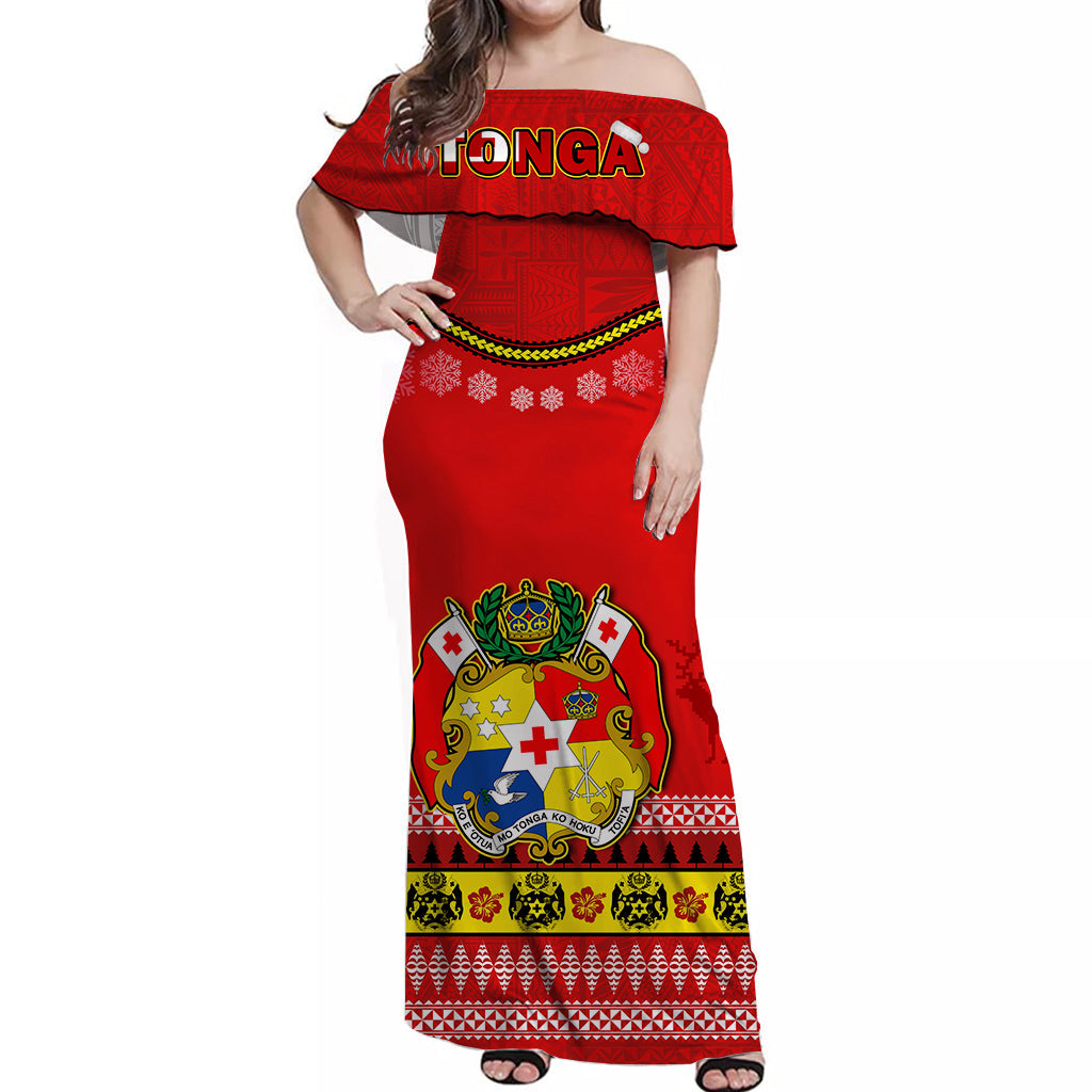 (Custom Personalised) Tonga Christmas Off Shoulder Long Dress Tongan Ngatu Kilisimasi Fiefia LT14 Women Red - Polynesian Pride