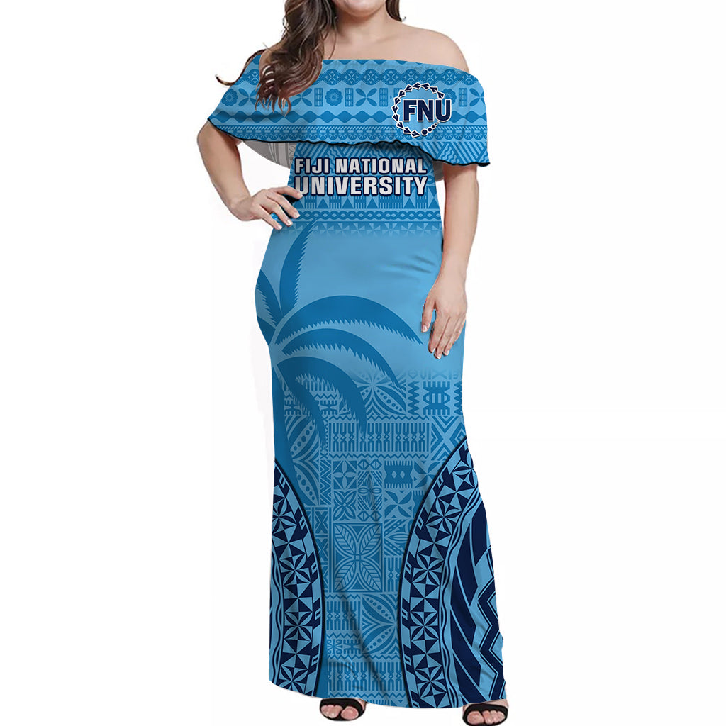 (Custom Personalised) Fiji University Off Shoulder Long Dress National Fijian Tapa Pattern Blue LT14 Women Blue - Polynesian Pride