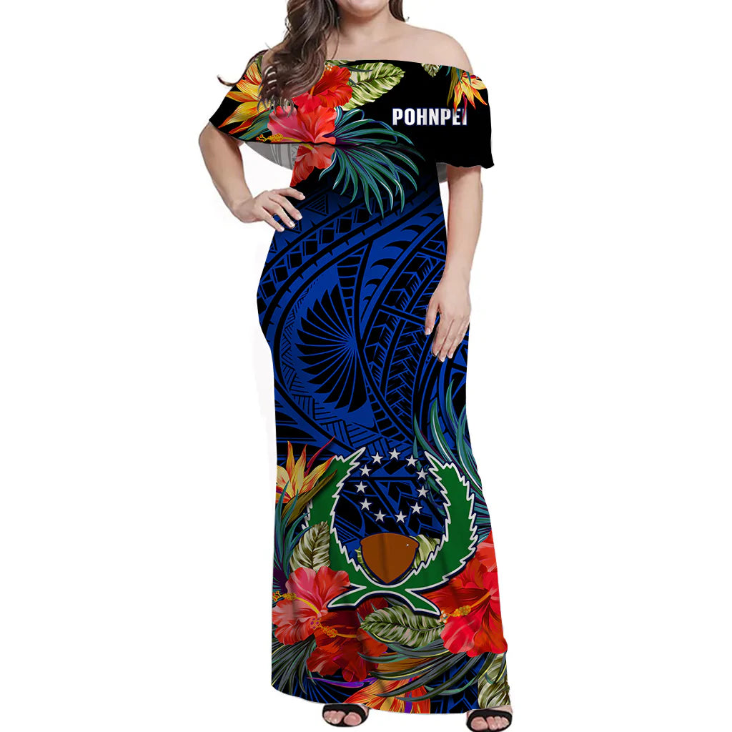 Pohnpei State Off Shoulder Long Dress FSM Hibiscus Flowers Mix Polynesian LT14 Women Blue - Polynesian Pride