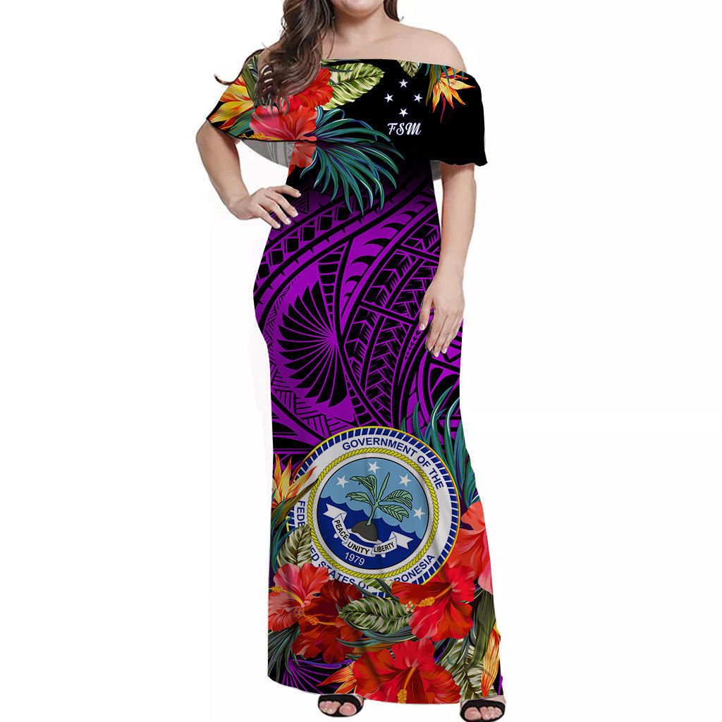Federated States of Micronesia Off Shoulder Long Dress Hibiscus Flowers FSM Seal Polynesian Ver.04 LT14 Women Purple - Polynesian Pride