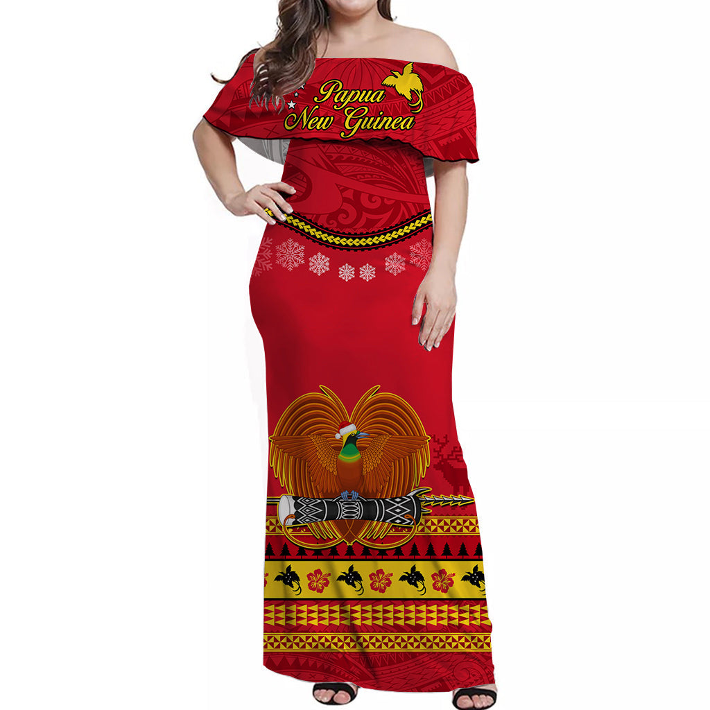Papua New Guinea Christmas Off Shoulder Long Dress Bird Of Paradise Bikpela Hamamas Blong Dispela Krismas LT14 Women Red - Polynesian Pride