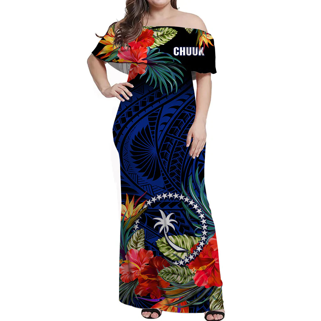 Chuuk State Off Shoulder Long Dress FSM Hibiscus Flowers Mix Polynesian LT14 Women Blue - Polynesian Pride