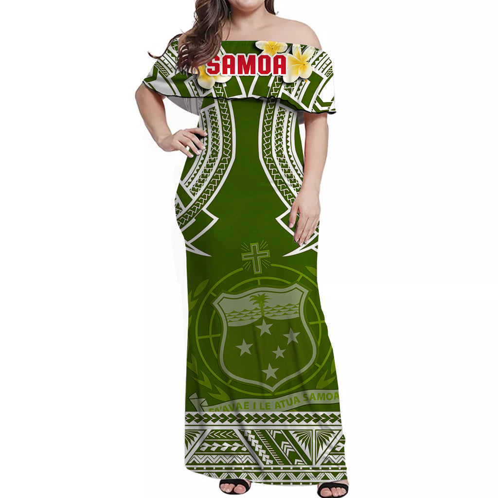 (Custom Personalised) Samoa Off Shoulder Long Dress Samoan Plumeria Flowers Mix Polynesian Pattern Ver.05 LT14 Women Green - Polynesian Pride