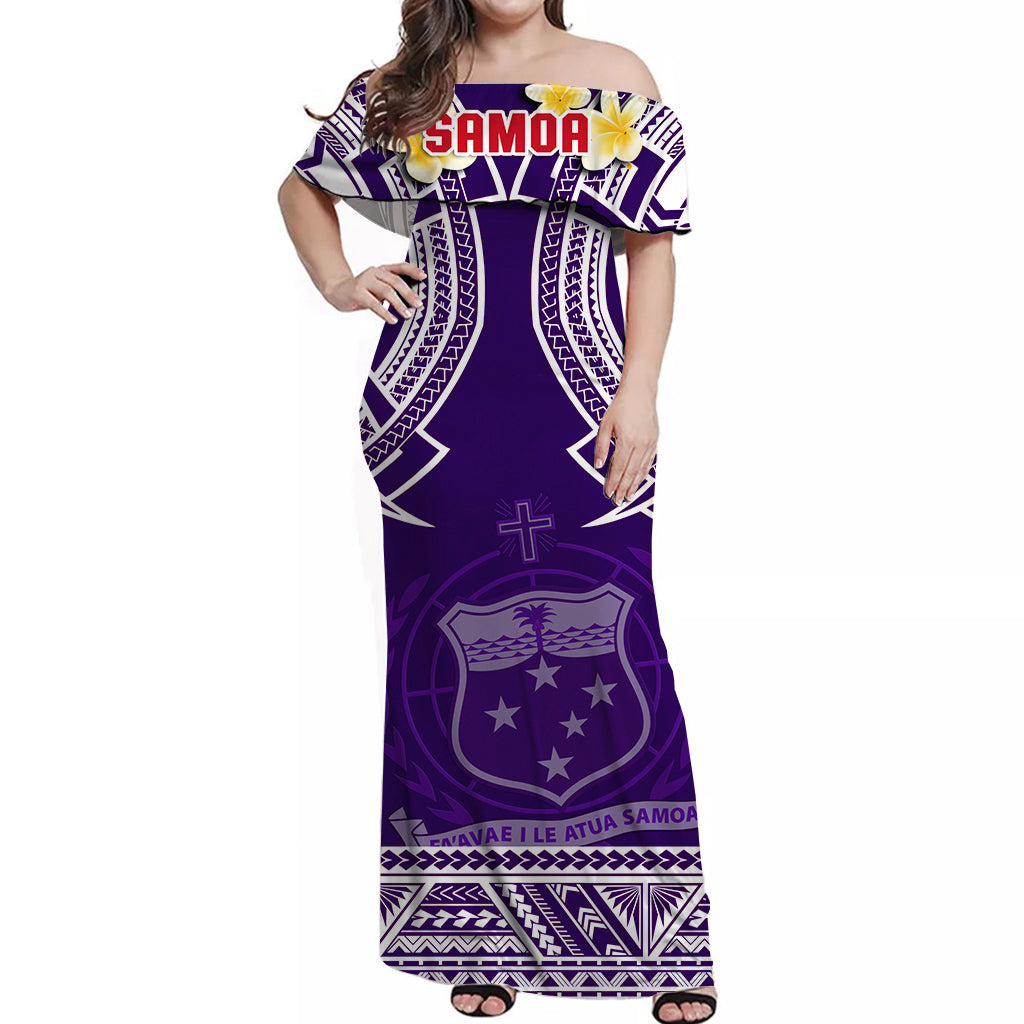 (Custom Personalised) Samoa Off Shoulder Long Dress Samoan Plumeria Flowers Mix Polynesian Pattern Ver.03 LT14 Women Purple - Polynesian Pride