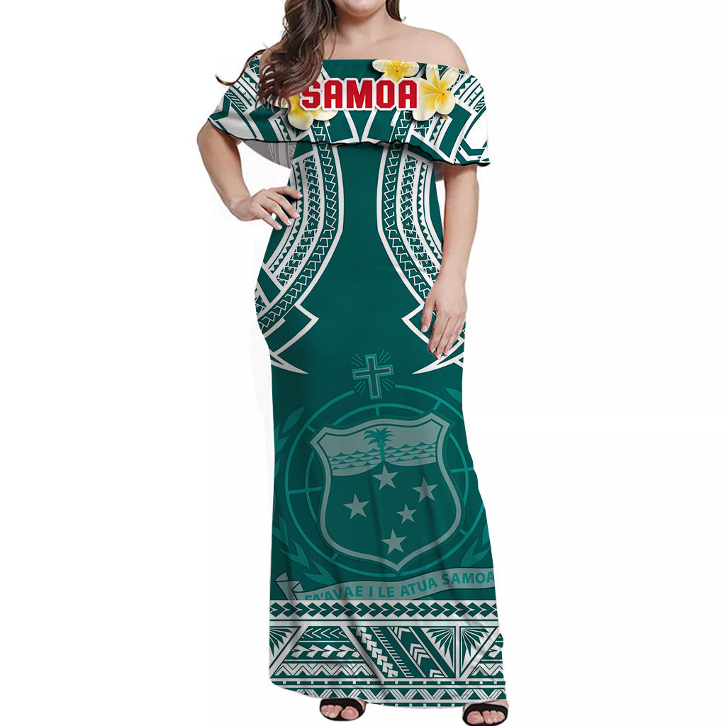 (Custom Personalised) Samoa Off Shoulder Long Dress Samoan Plumeria Flowers Mix Polynesian Pattern Ver.02 LT14 Women Turquoise - Polynesian Pride