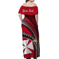 (Custom Personalised) Wallis And Futuna Off Shoulder Long Dress Plumeria Flowers With Red Polynesian Pattern LT14 - Polynesian Pride