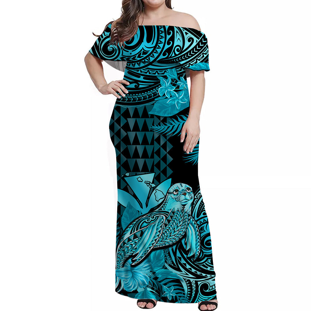 (Custom Personalised) Hawaii Monk Seal Off Shoulder Long Dress Kakau With Kanaka Turquoise LT14 Women Turquoise - Polynesian Pride