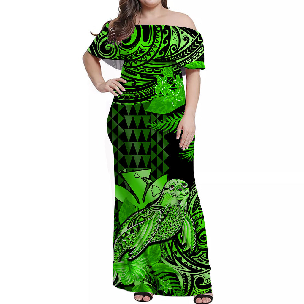 (Custom Personalised) Hawaii Monk Seal Off Shoulder Long Dress Kakau With Kanaka Green LT14 Women Green - Polynesian Pride