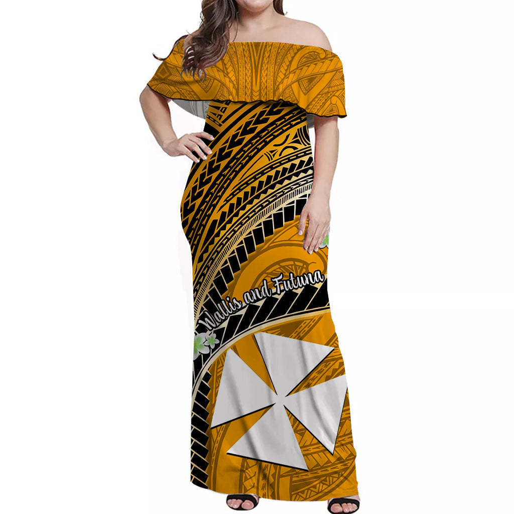 (Custom Personalised) Wallis And Futuna Off Shoulder Long Dress Plumeria Flowers With Gold Polynesian Pattern LT14 Women Gold - Polynesian Pride