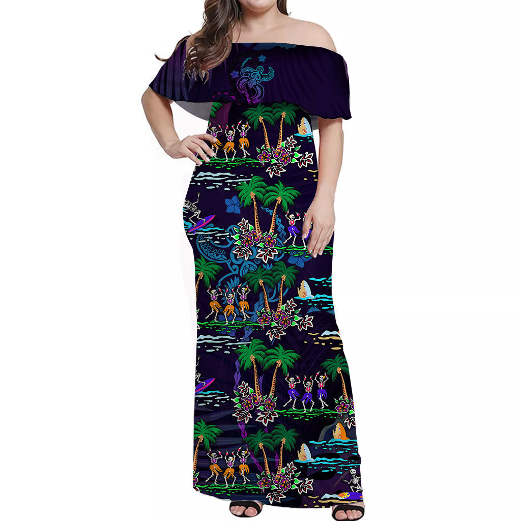 Hawaii Skeleton Dancing Off Shoulder Long Dress Halloween Hawaiian Turtle LT13 Women Purple - Polynesian Pride