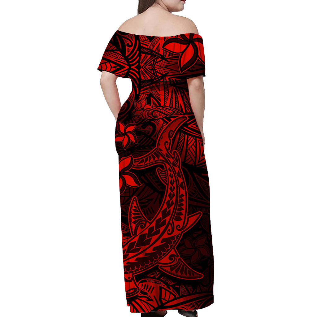 Polynesian Off Shoulder Long Dress Red Hawaiian Tribal Hammerhead Shark LT14 - Polynesian Pride