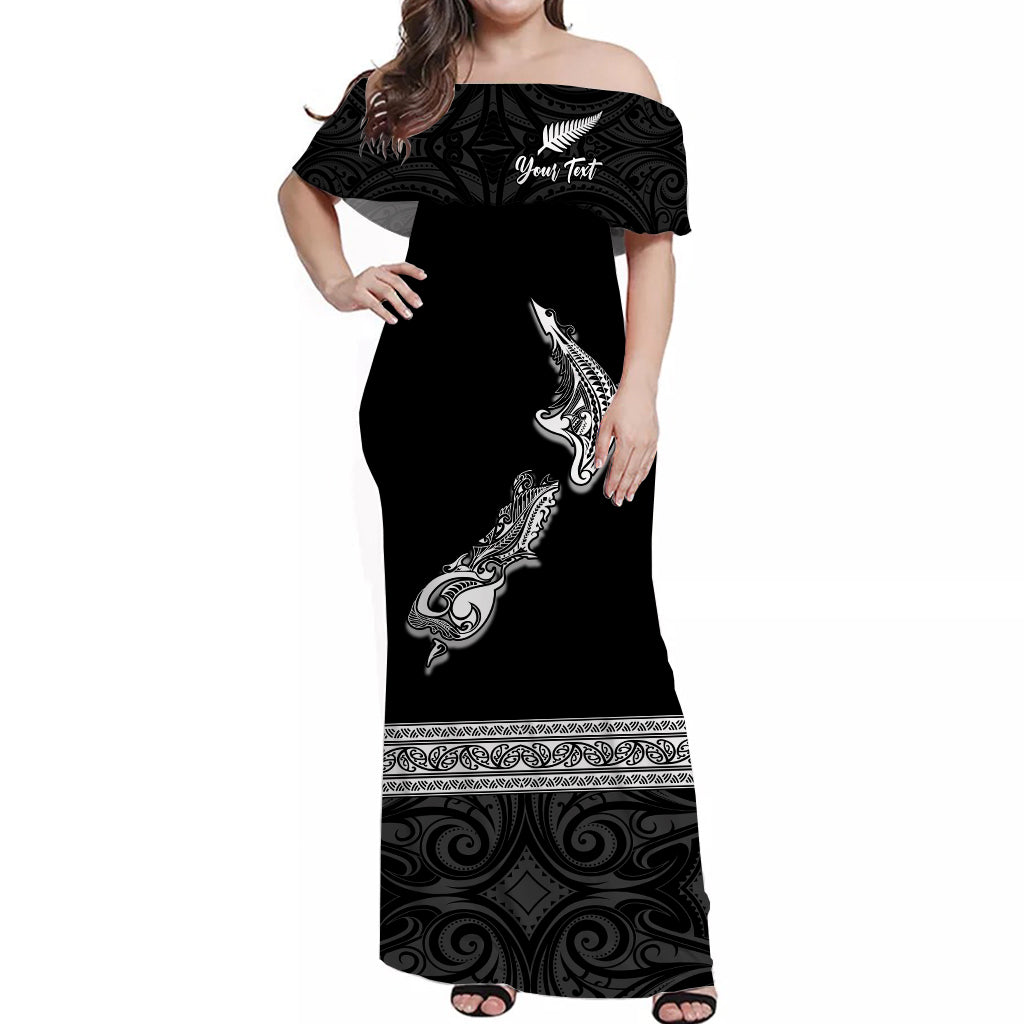 (Custom Personalised) New Zealand Off Shoulder Long Dress Maori Fern and Map Black LT13 Women Black - Polynesian Pride