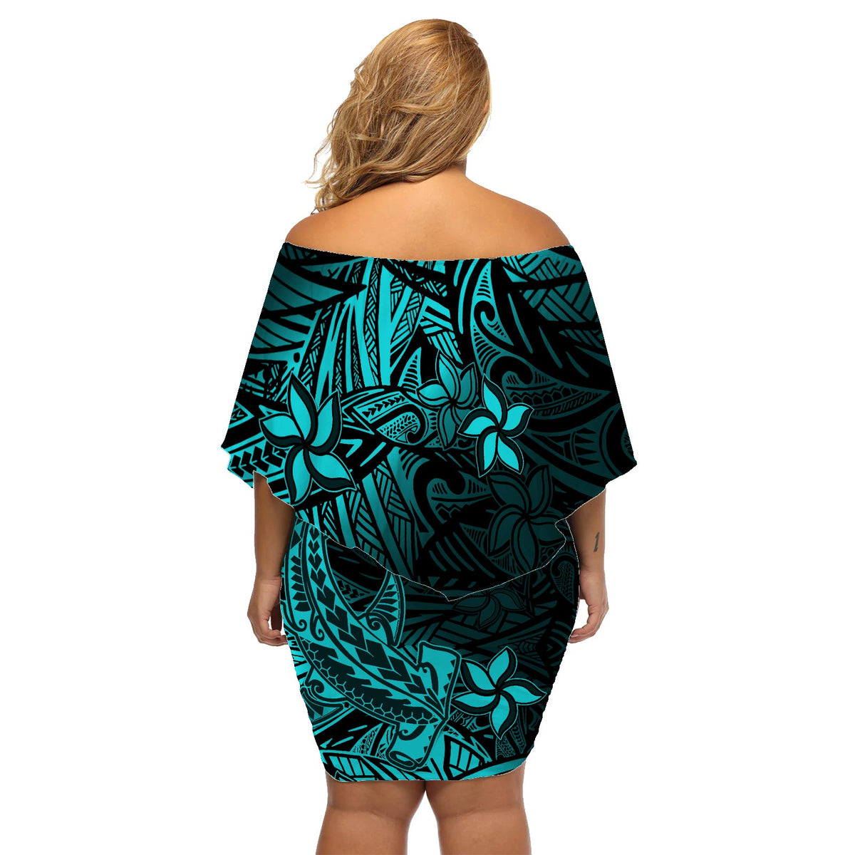 Polynesian Off Shoulder Short Dress Turquoise Hawaiian Tribal Hammerhead Shark LT14 - Polynesian Pride