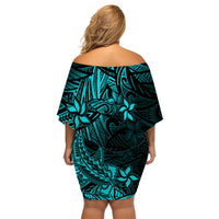 Polynesian Off Shoulder Short Dress Turquoise Hawaiian Tribal Hammerhead Shark LT14 - Polynesian Pride