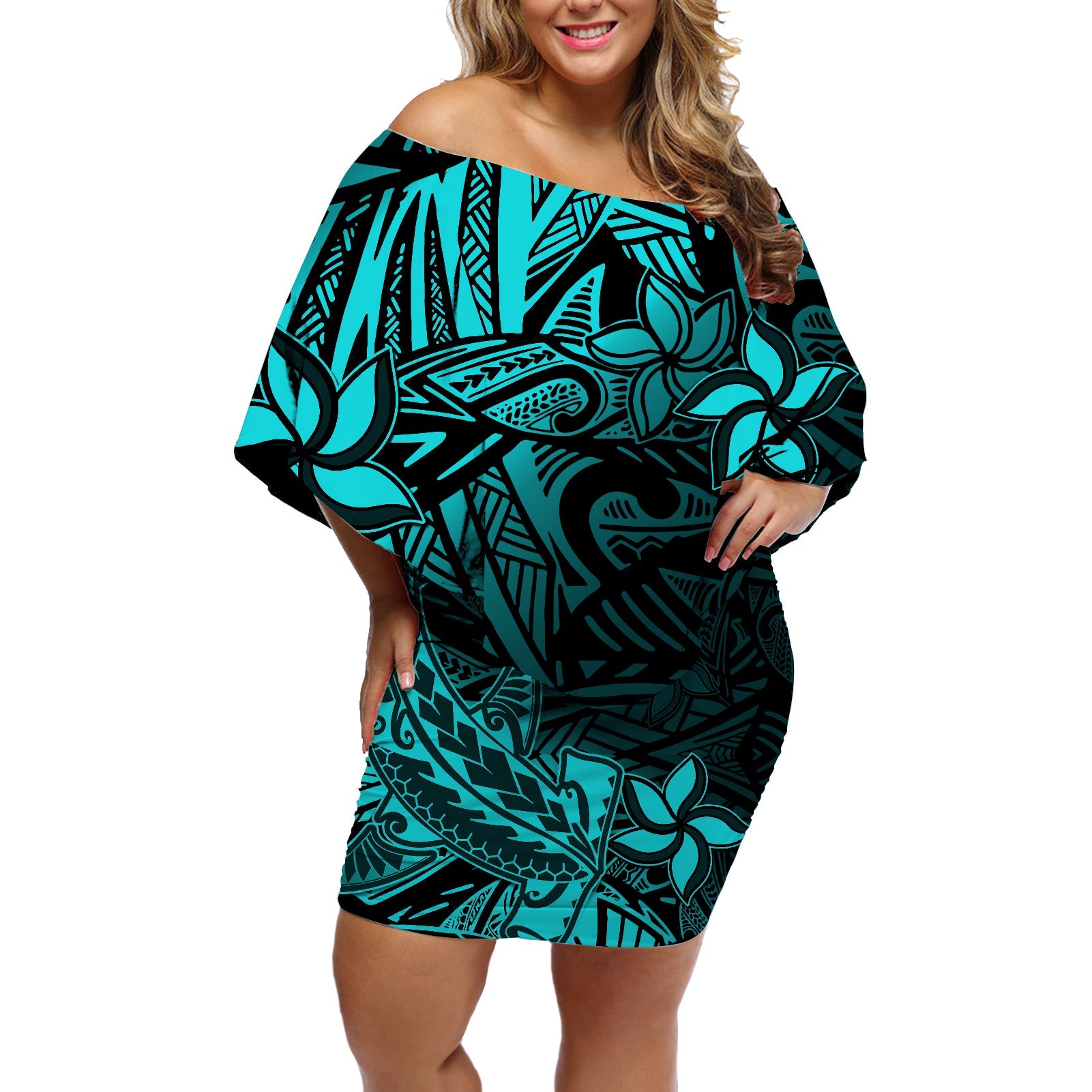 Polynesian Off Shoulder Short Dress Turquoise Hawaiian Tribal Hammerhead Shark LT14 Women Turquoise - Polynesian Pride
