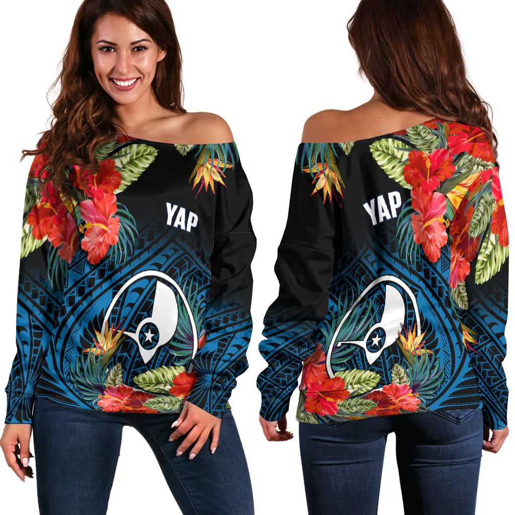 Yap State Off Shoulder Sweater FSM Hibiscus Flowers Mix Polynesian LT14 Women Blue - Polynesian Pride