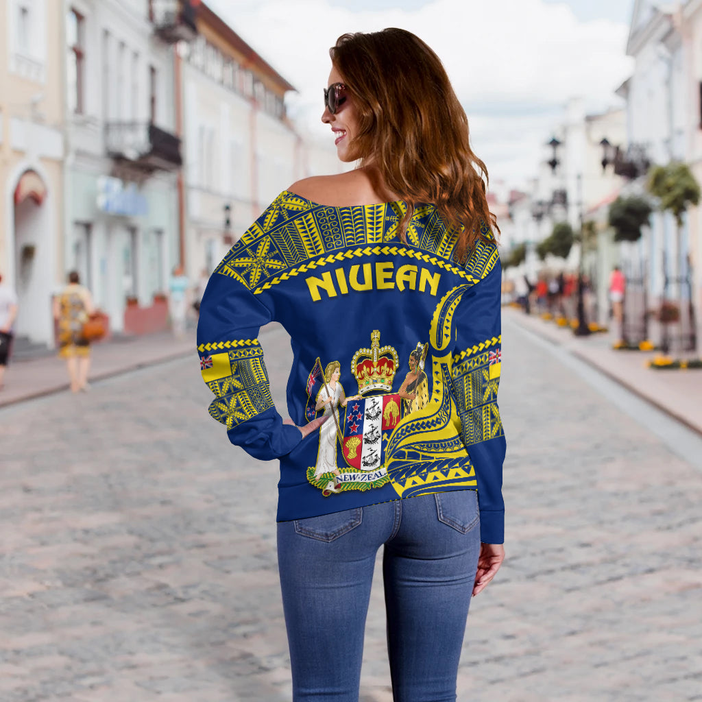 Niue Off Shoulder Sweater Hiapo Mix Polynesian Happy Constitution Day LT14 - Polynesian Pride