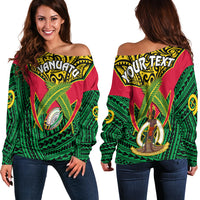 (Custom Personalised) Vanuatu Rugby Off Shoulder Sweater Coat Of Arms Polynesian Pattern LT14 Women Green - Polynesian Pride