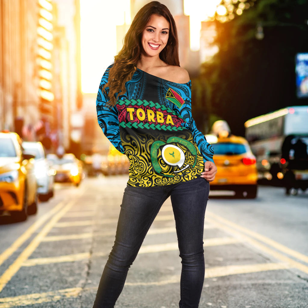 Torba Province Off Shoulder Sweater Vanuatu Pig Tusk Polynesian Flag Style LT14 - Polynesian Pride