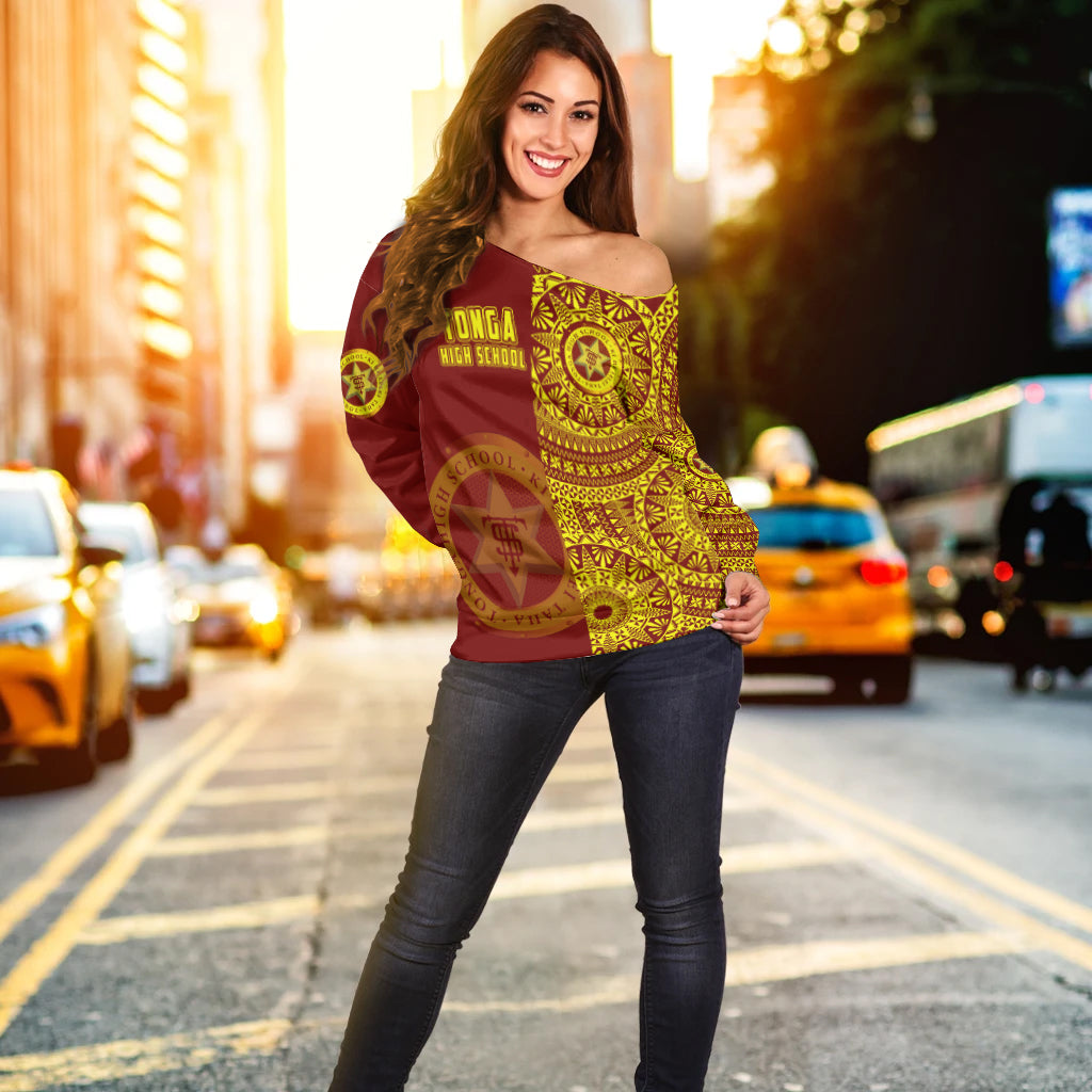 (Custom Personalised) Tonga High School Off Shoulder Sweater Tongan Ngatu Pattern LT14 - Polynesian Pride
