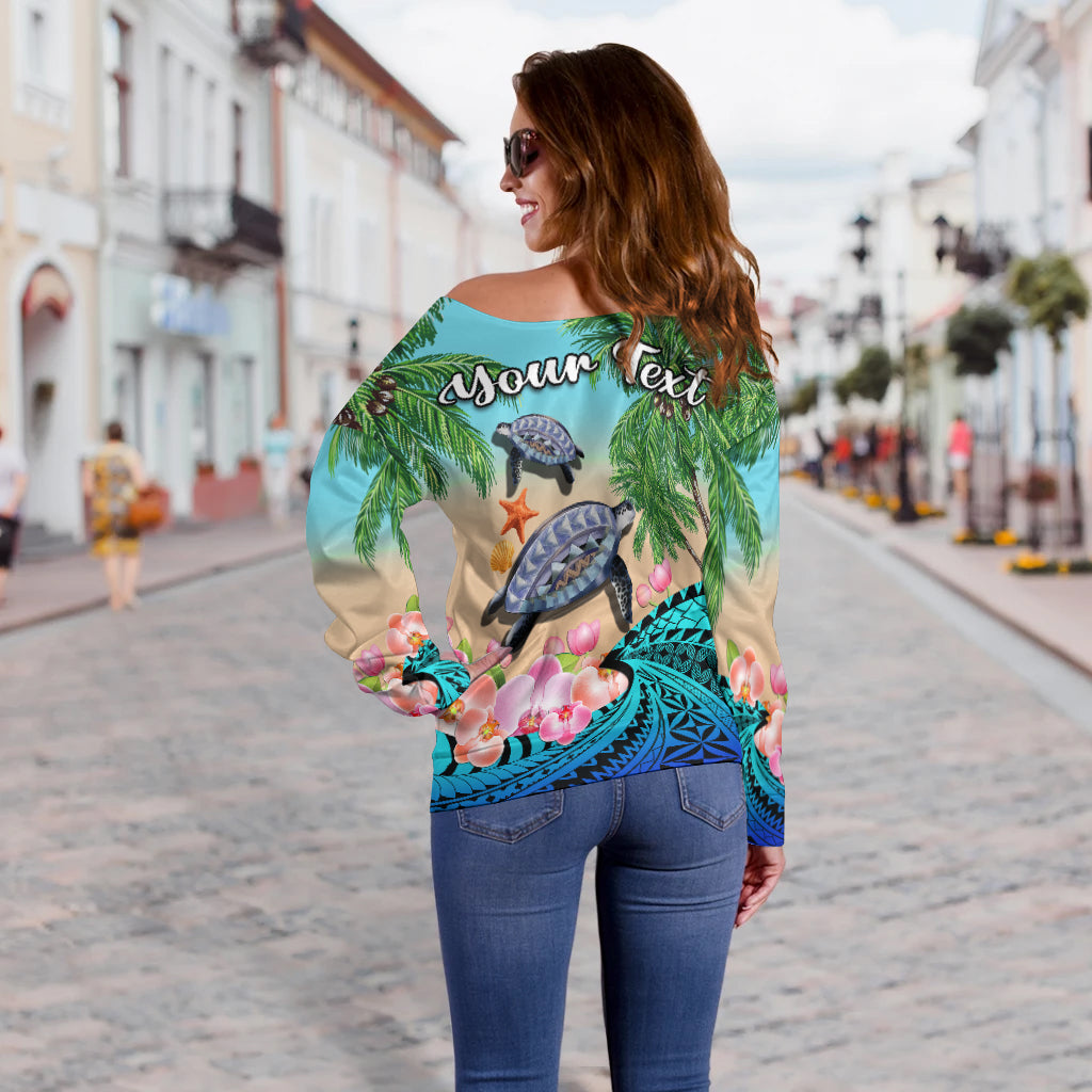 (Custom Personalised) Polynesian Turtle Coconut Tree And Orchids Off Shoulder Sweater LT14 - Polynesian Pride