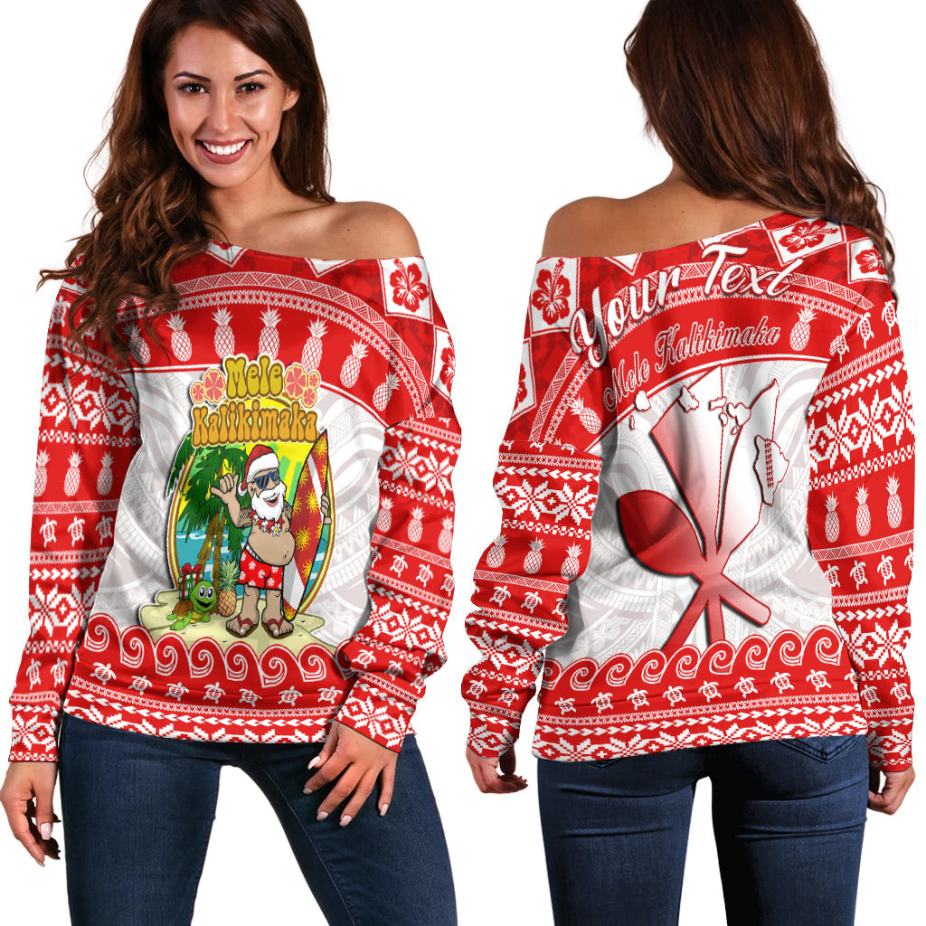 Custom Personalised Hawaii Christmas Off Shoulder Sweater Kanaka Polynesian Santa Claus Mele Kalikimaka LT14 Women Red - Polynesian Pride