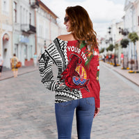 (Custom Personalised) Tahiti Islands Off Shoulder Sweater Polynesian Shark Mix Tropical Flowers LT14 - Polynesian Pride