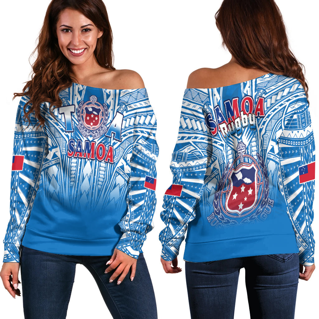 Samoa Rugby Off Shoulder Sweater Toa Samoa Polynesian Pacific Blue Version LT14 Women Blue - Polynesian Pride