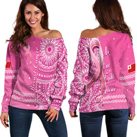 Tonga Breast Cancer Off Shoulder Sweater Tongan Ngatu Pattern No One Fights Alone LT14 Women Pink - Polynesian Pride