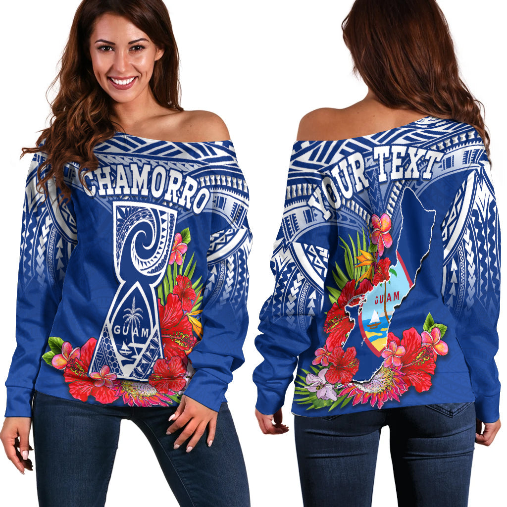 (Custom Personalised) Guam Chamorro Off Shoulder Sweater Guaman Latte Stone Tropical Flowers Blue Version LT14 Women Blue - Polynesian Pride