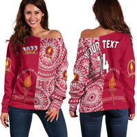 (Custom Text And Number) Beulah Tonga College Off Shoulder Sweater Class Of Year Tongan Ngatu Pattern LT14 Women Maroon - Polynesian Pride