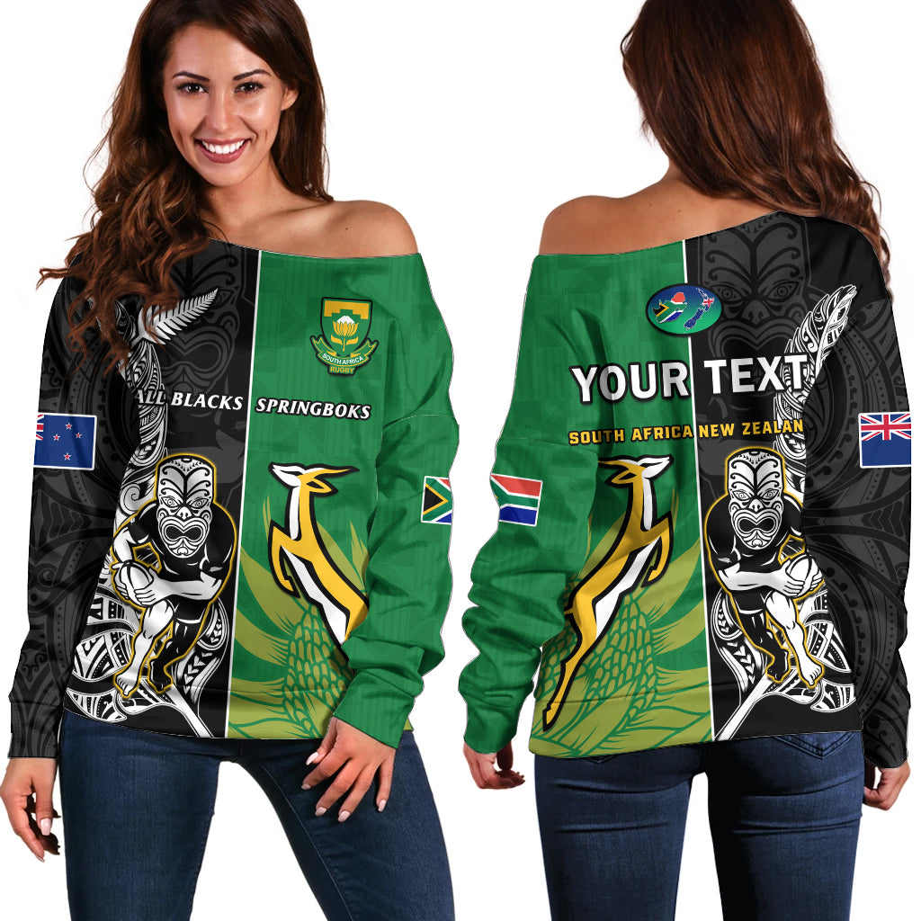 (Custom Personalised) New Zealand And South Africa Rugby Off Shoulder Sweater All Black Maori Mix Springboks LT14 Women Black - Polynesian Pride