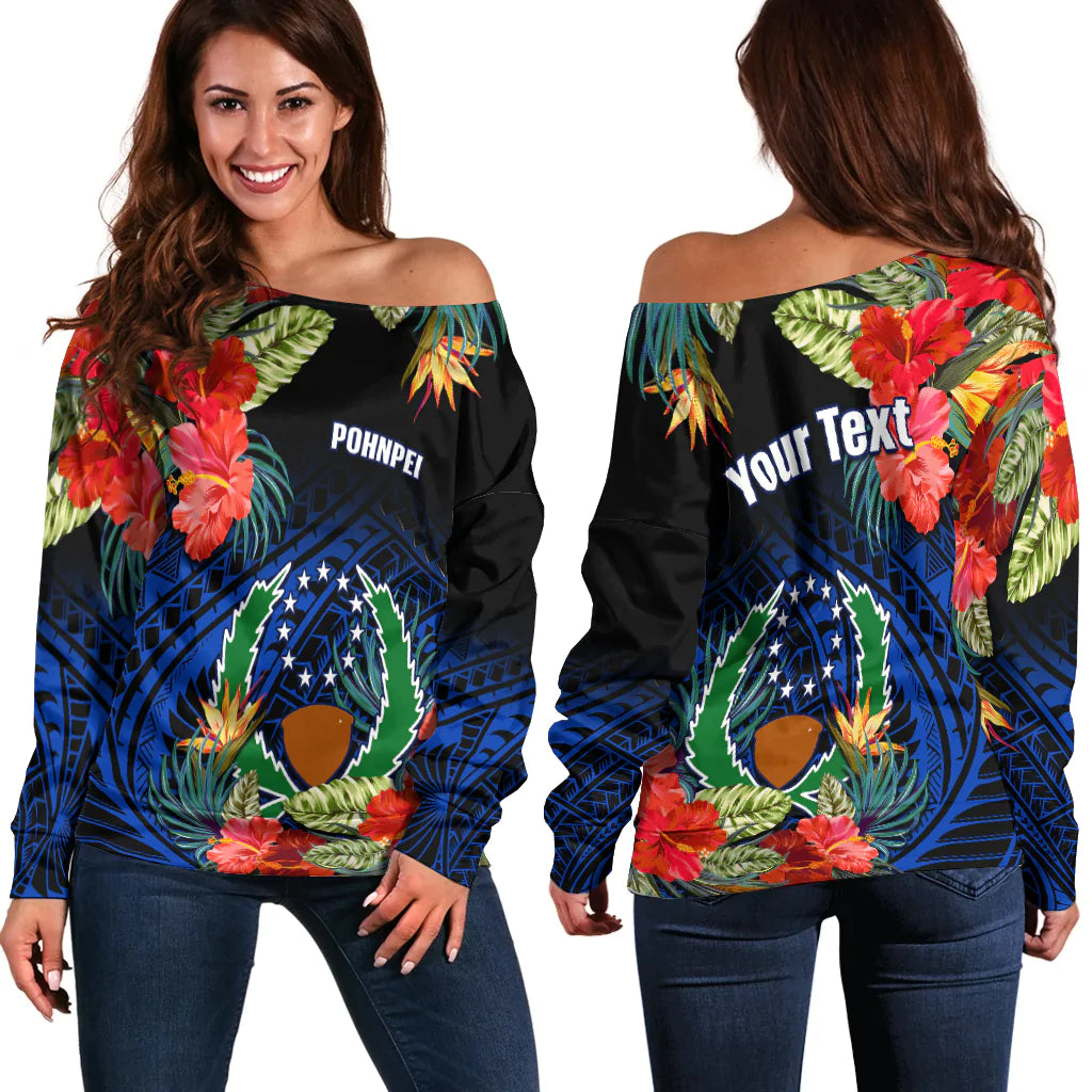 (Custom Personalised) Pohnpei State Off Shoulder Sweater FSM Hibiscus Flowers Mix Polynesian LT14 Women Blue - Polynesian Pride
