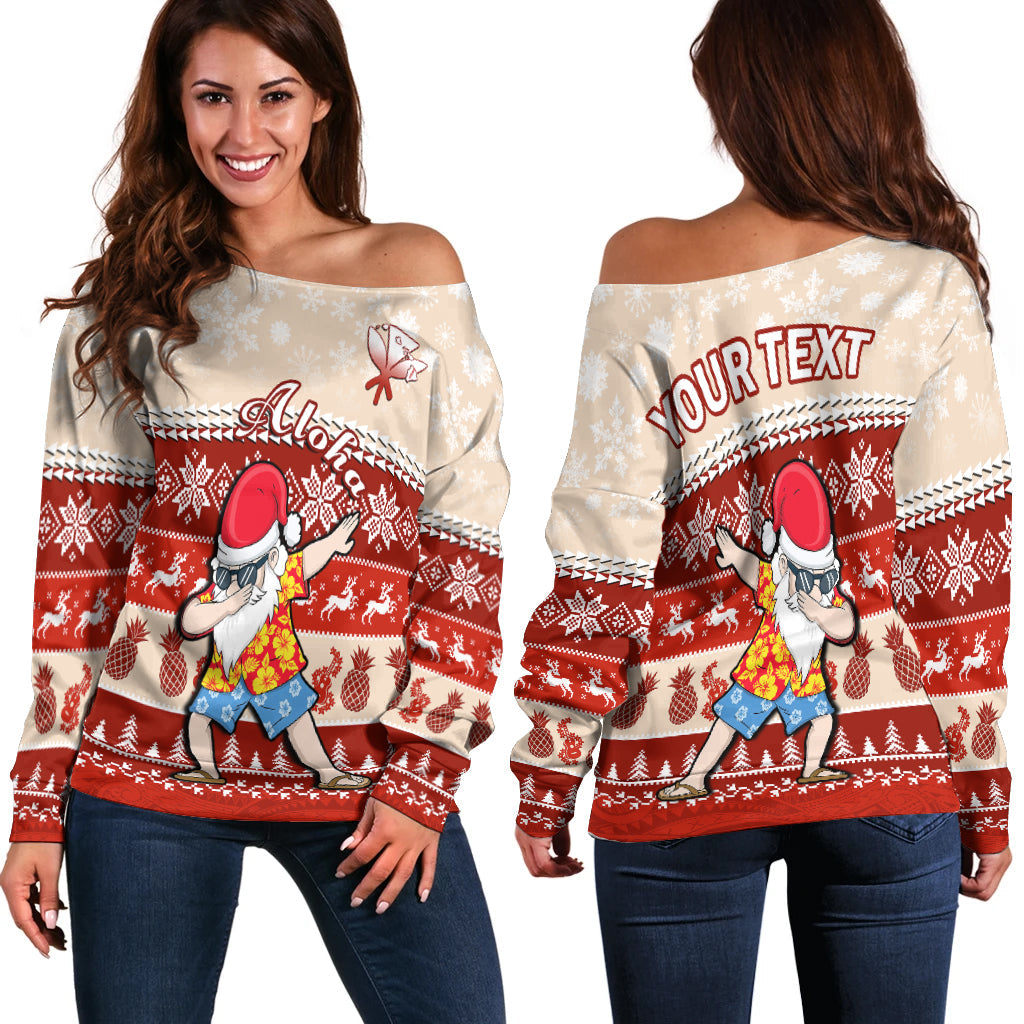 (Custom Personalised) Hawaii Mele Kalikimaka Off Shoulder Sweater Dabbing Santa Red Merry Christmas LT14 Women Red - Polynesian Pride