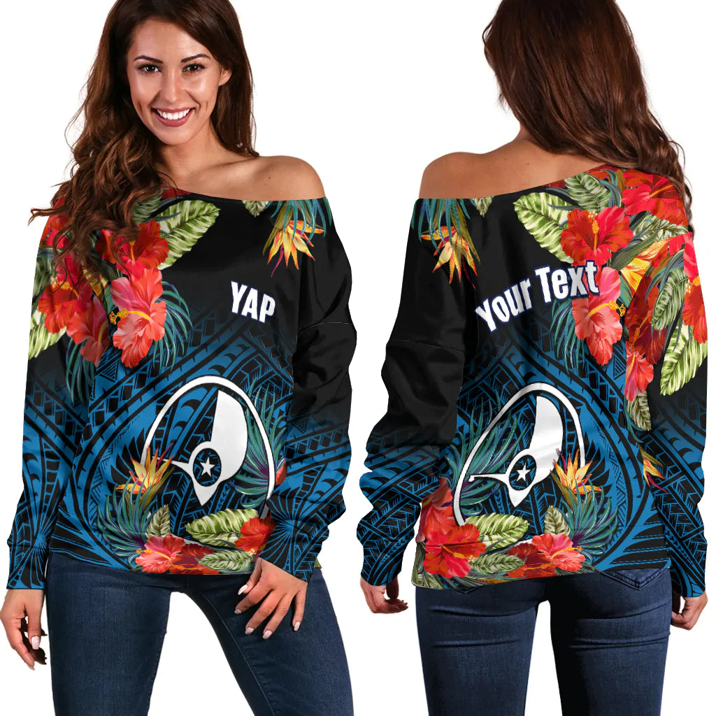 (Custom Personalised) Yap State Off Shoulder Sweater FSM Hibiscus Flowers Mix Polynesian LT14 Women Blue - Polynesian Pride