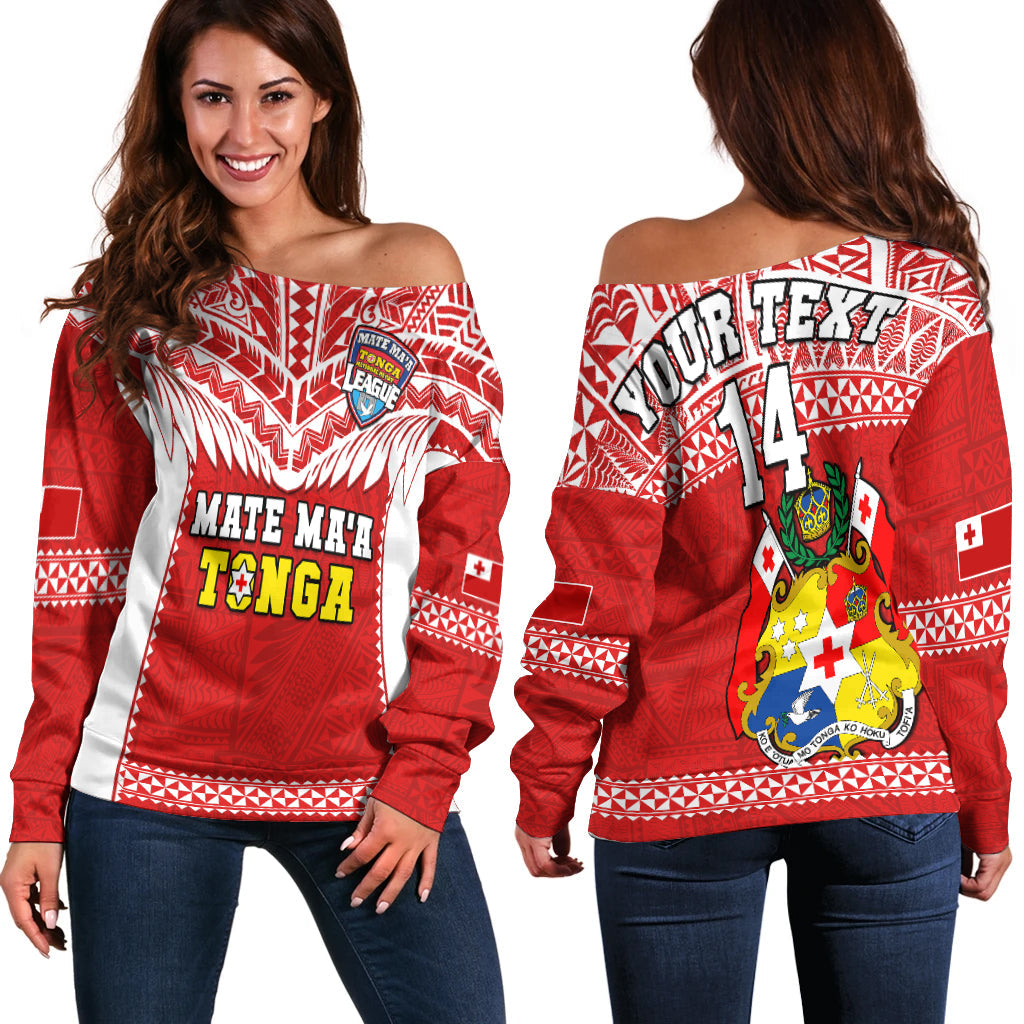 (Custom Text And Number) Tonga Rugby Off Shoulder Sweater Mate Maa Tonga Pacific Ngatu White LT14 Women Red - Polynesian Pride