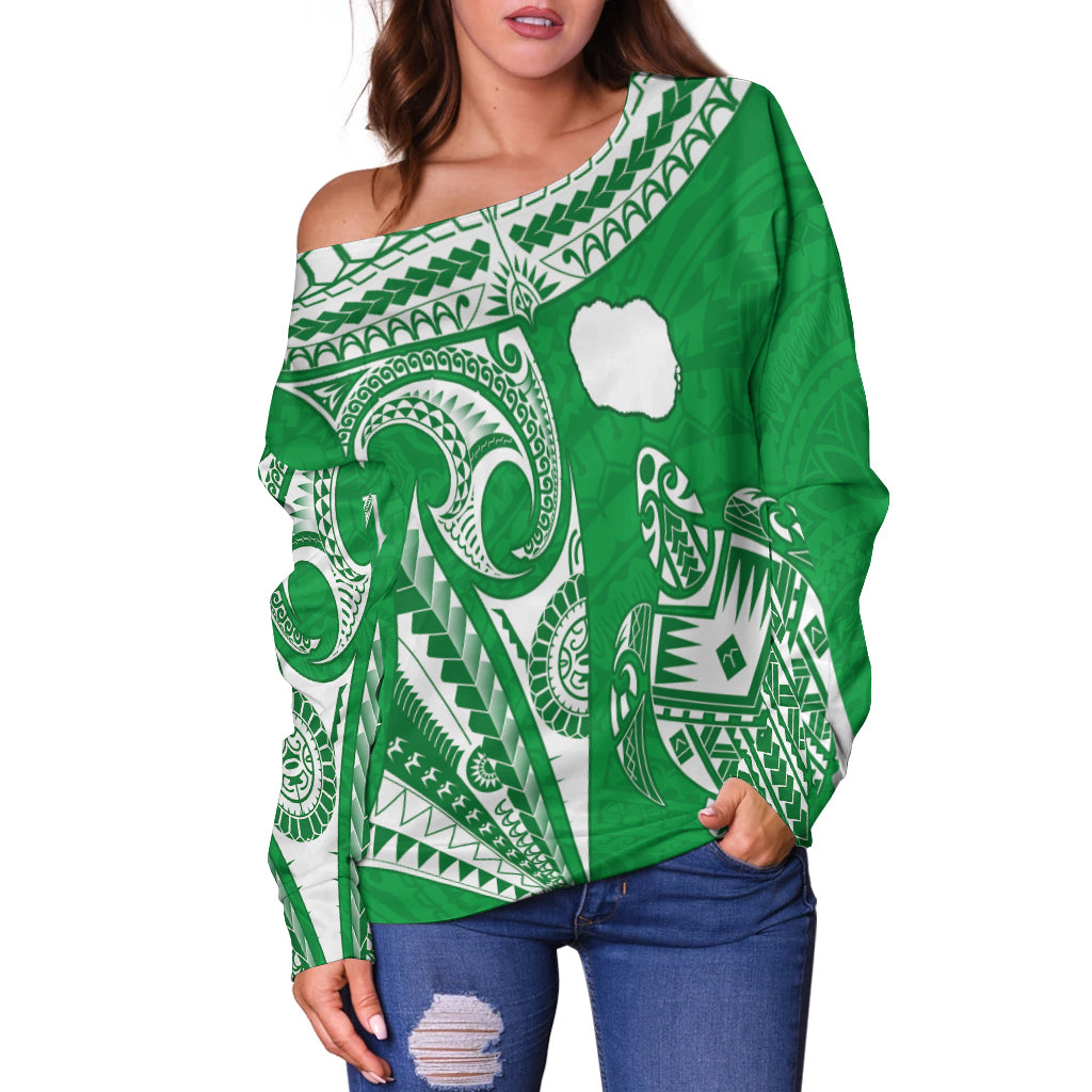 Rarotonga Cook Islands Off Shoulder Sweater Turtle and Map Style Green LT13 - Polynesian Pride