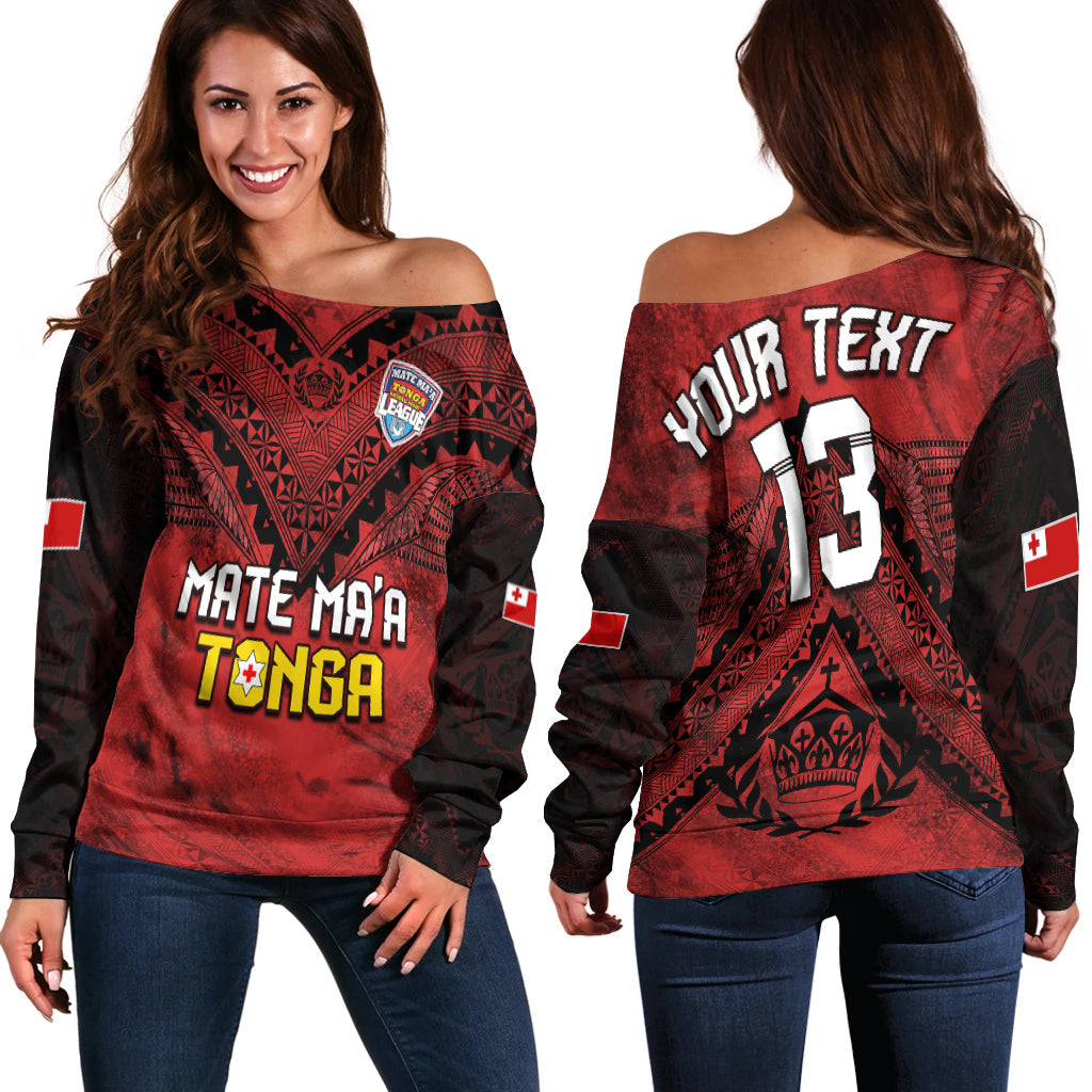(Custom Text and Number) Tonga Rugby MMT Off Shoulder Sweater Ngatu Mate Maa Tonga Grunge LT13 Women Red - Polynesian Pride
