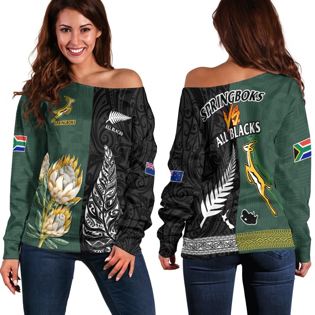 South Africa Protea and New Zealand Fern Off Shoulder Sweater Rugby Go Springboks vs All Black LT13 Women Art - Polynesian Pride
