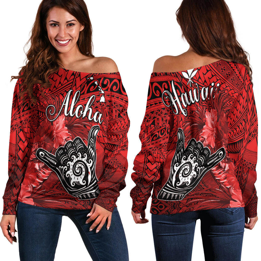 The Shaka Hawaii Off Shoulder Sweater Tropical Flowers Red Version LT13 - Polynesian Pride