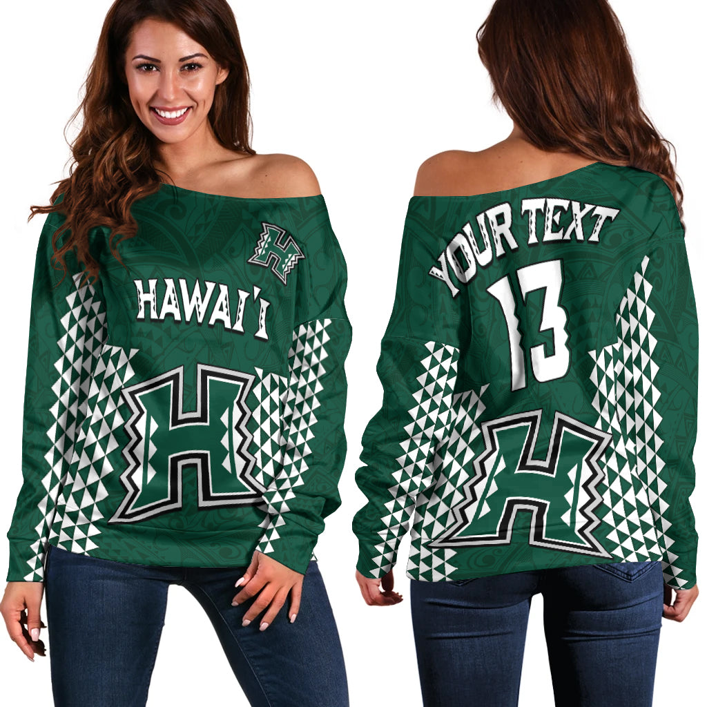 (Custom Text and Number) Hawaii Football Off Shoulder Sweater Kakau Warrior Be Stronger LT13 Women Green - Polynesian Pride