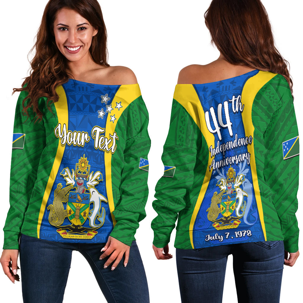 (Custom Personalised) Solomon Islands Day Off Shoulder Sweater 44 Years Independence Anniversary LT13 Women Green - Polynesian Pride