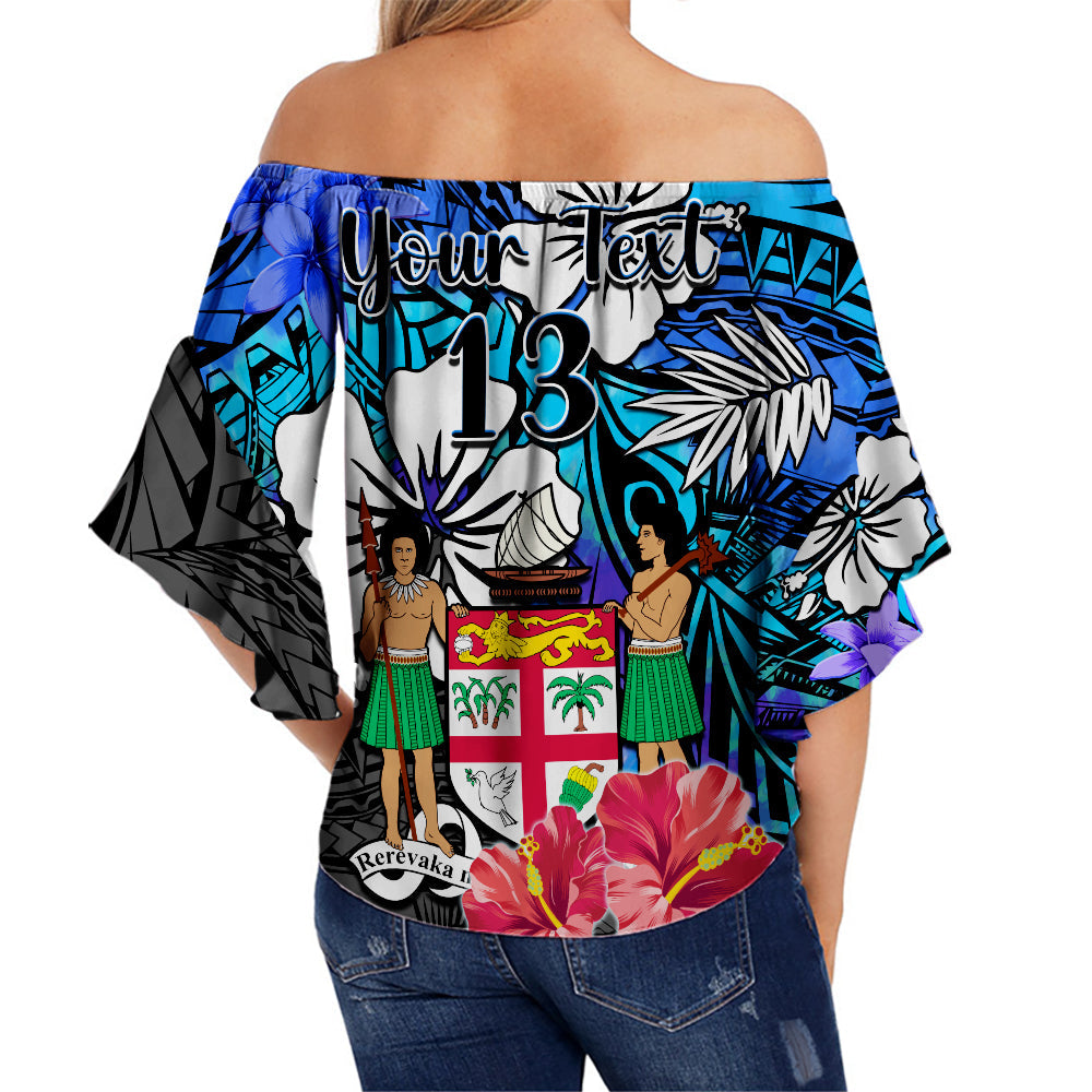 (Custom Text and Number) Fiji Tie Dye Off Shoulder Waist Wrap Top Polynesian Blue Tribal Creative Tropical Flowers LT13 - Polynesian Pride
