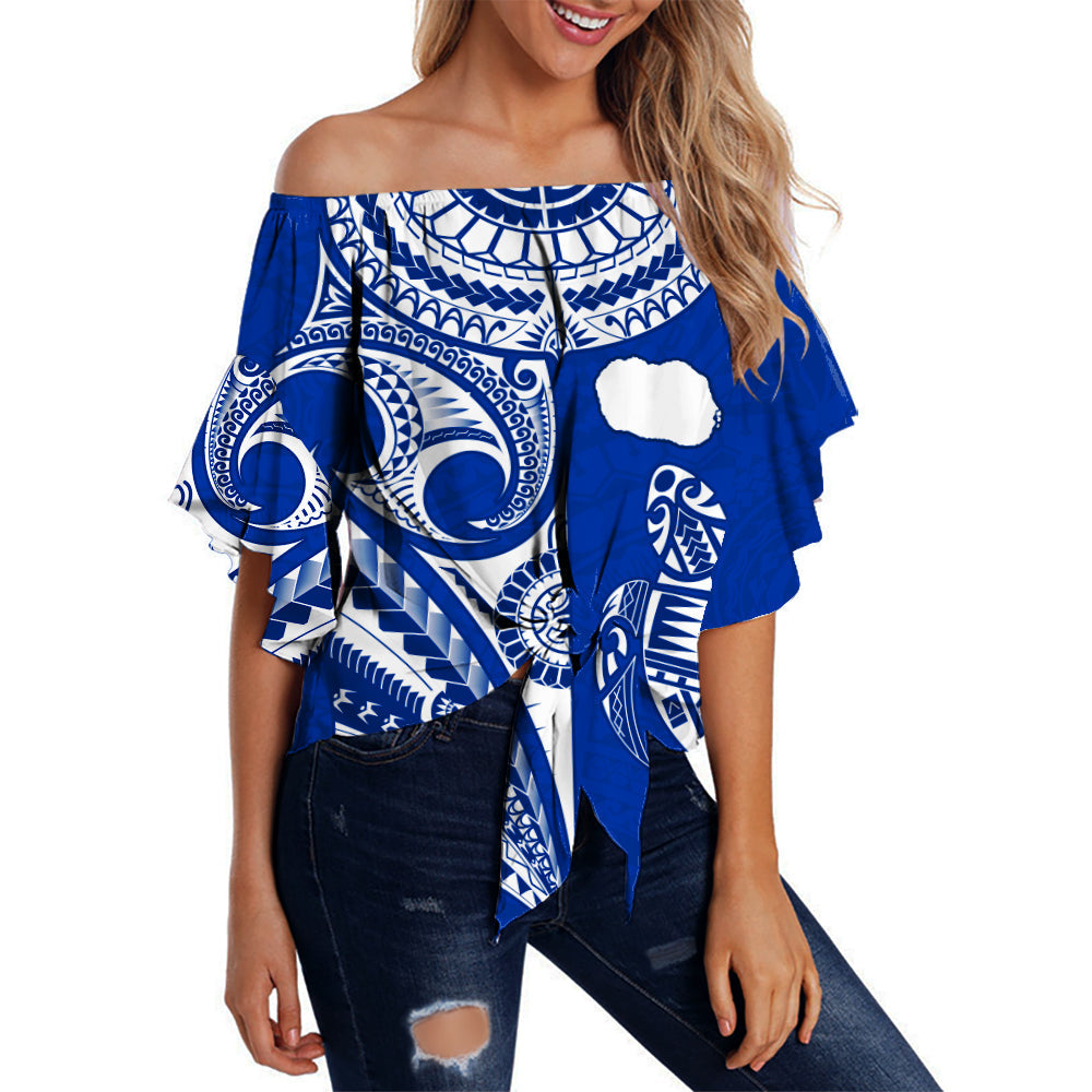 Rarotonga Cook Islands Off Shoulder Waist Wrap Top Turtle and Map Style Blue LT13 Women Blue - Polynesian Pride