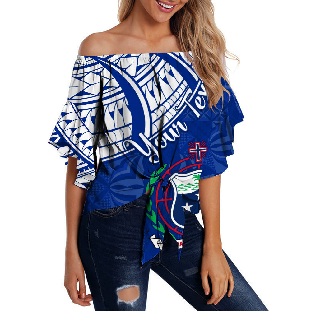 (Custom Personalised) Samoa Siapo Off Shoulder Waist Wrap Top Sporty Mix Barkcloth Panel LT13 Women Blue - Polynesian Pride