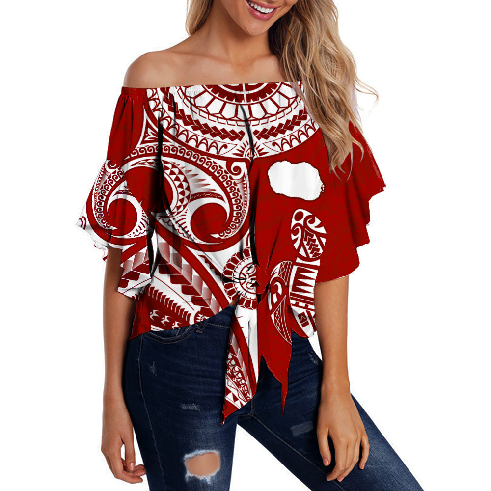 Rarotonga Cook Islands Off Shoulder Waist Wrap Top Turtle and Map Style Red LT13 Women Red - Polynesian Pride
