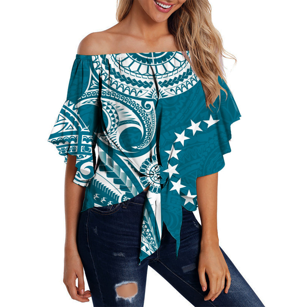 (Custom Text and Number) Cook Islands Tatau Off Shoulder Waist Wrap Top Symbolize Passion Stars Version Blue LT13 Women Blue - Polynesian Pride