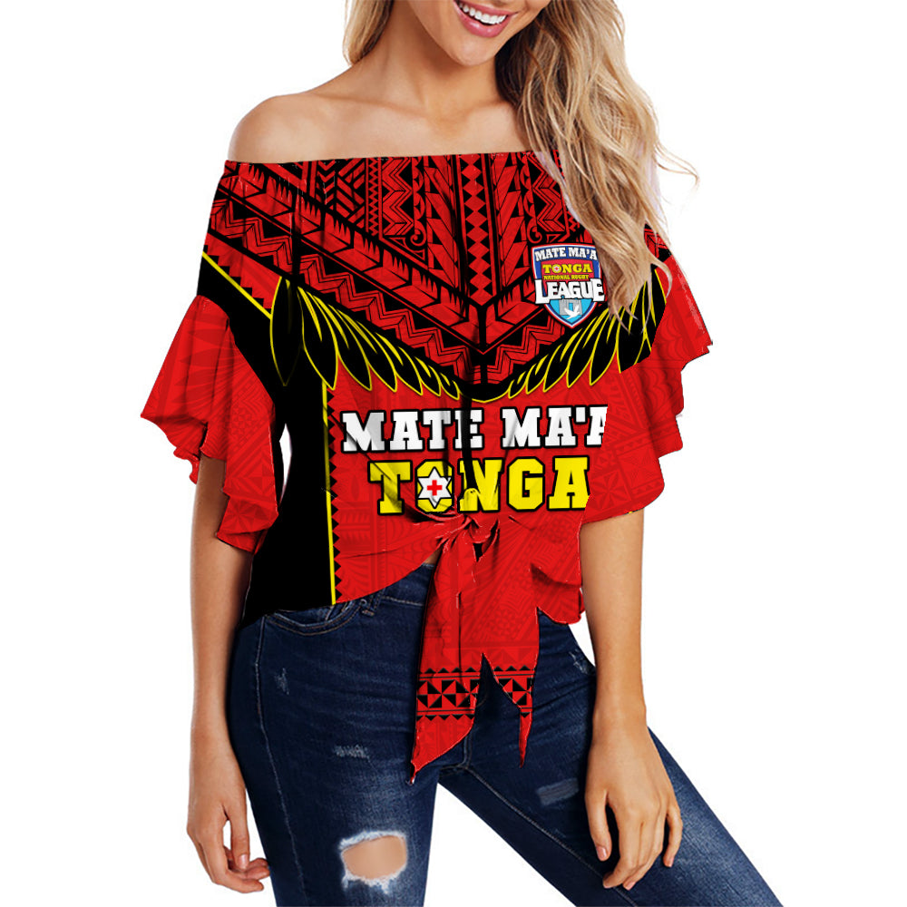 (Custom Text And Number) Tonga Rugby Off Shoulder Waist Wrap Top Mate Maa Tonga Pacific Ngatu Black LT14 Women Red - Polynesian Pride