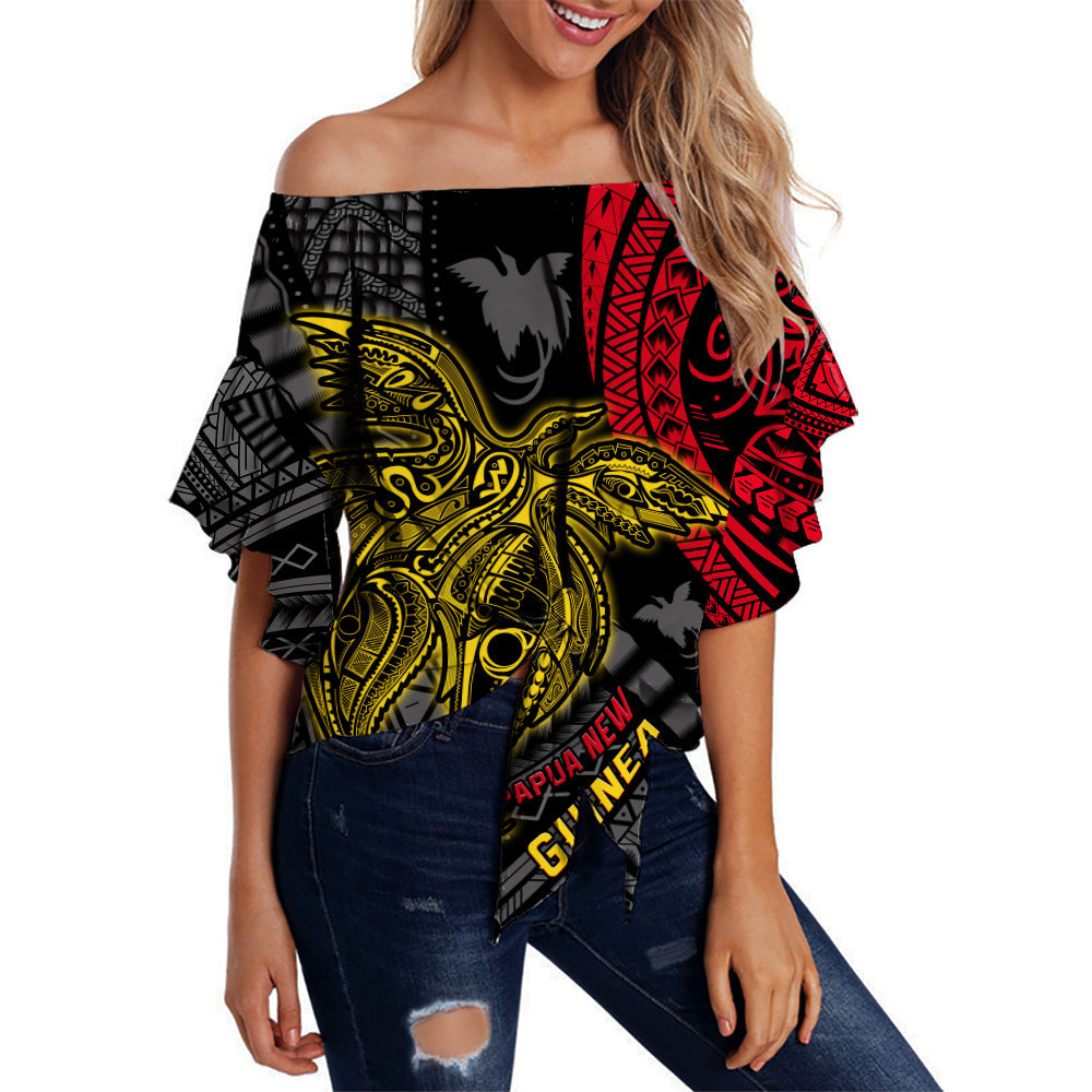 (Custom Personalised) Papua New Guinea Off Shoulder Waist Wrap Top Raggiana Birds Of Paradise Happy 47th Independence Day LT13 Women Black - Polynesian Pride